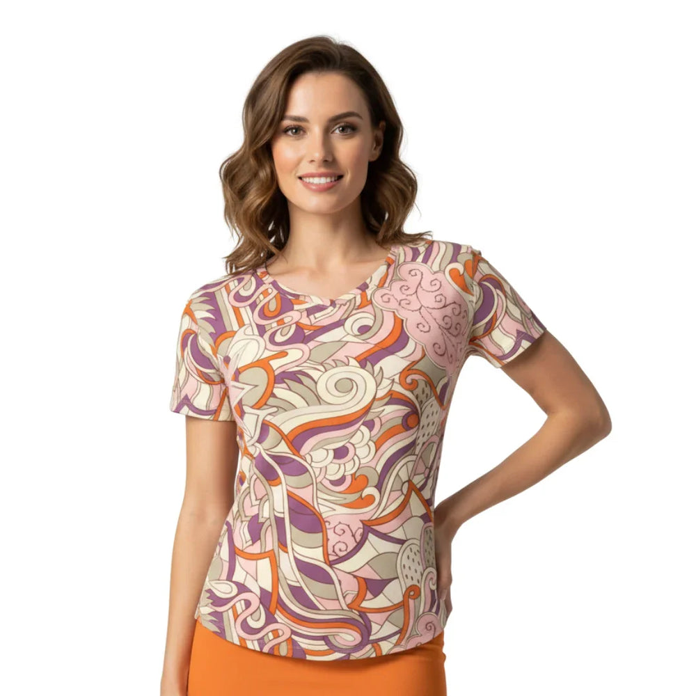 Amai patterned print V-neck tee with psychedelic swirl design in pink, orange, and purple hues, retro chic boho, 70's inspired. London Bliss Collection by Blissfully Brand