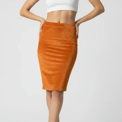 Amai Solid Series Tango Orange pencil skirt with rear center slit, knee-length. Crushed Velour fabric. London Bliss Collection by Blissfully Brand