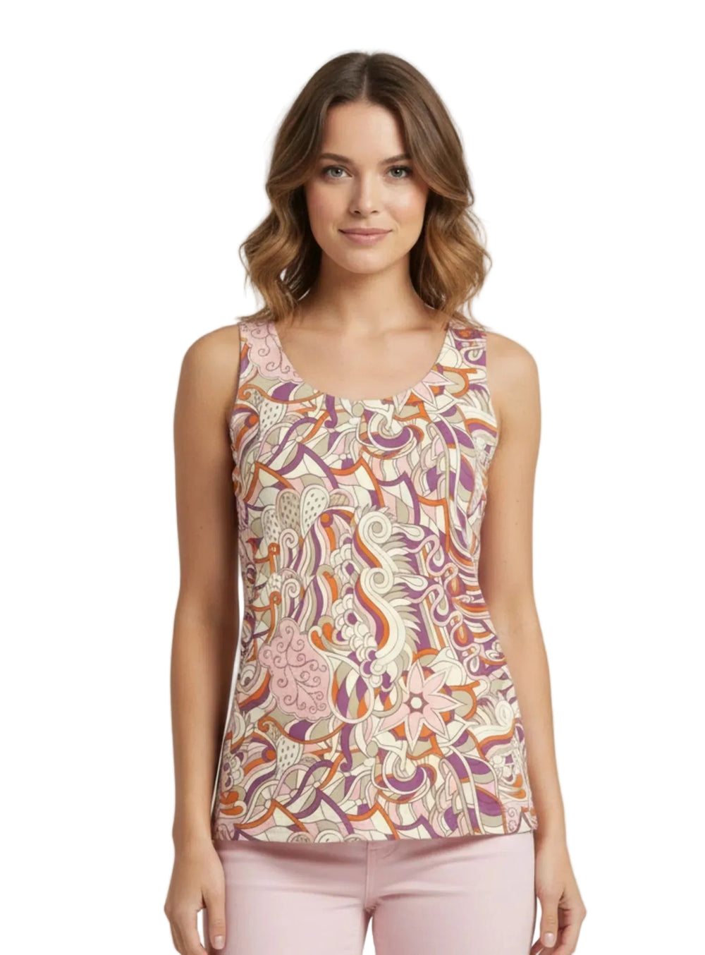 Amai print round neck tank top in warm mulberry plum, burnt orange, blush pink and cream psychedelic botanical motifs, paired with rose pink jeans and white heels — Profonde Collection by Blissfully Brand, handmade to order in Montreal