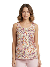 Amai print round neck tank top in warm mulberry plum, burnt orange, blush pink and cream psychedelic botanical motifs, paired with rose pink jeans and white heels — Profonde Collection by Blissfully Brand, handmade to order in Montreal