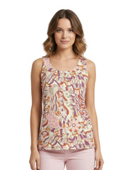 Amai print round neck tank top in warm mulberry plum, burnt orange, blush pink and cream psychedelic botanical motifs, paired with rose pink jeans and white heels — Profonde Collection by Blissfully Brand, handmade to order in Montreal