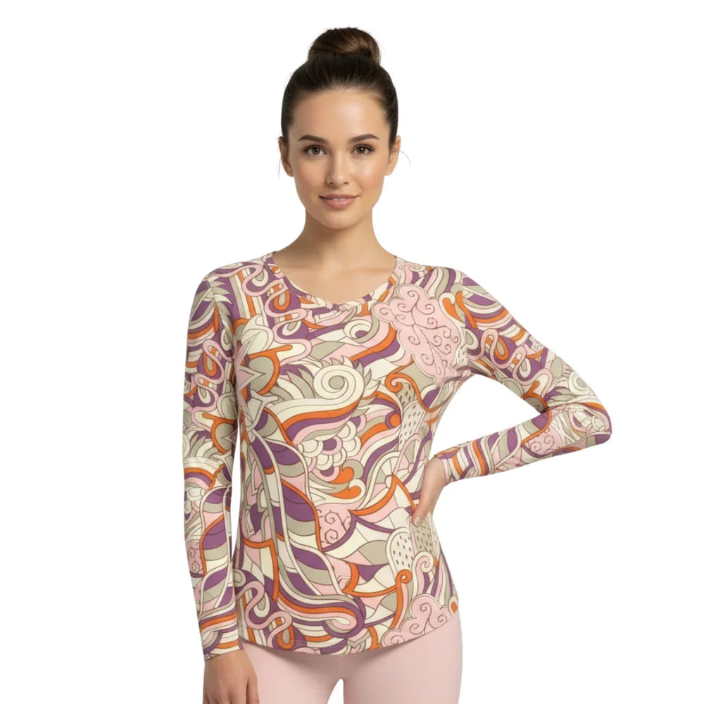 Amai V-neck long sleeve tee in psychedelic purple and pink swirl pattern, Slim Fit Relaxed Fit , Retro Chic - Premium fabrics - Blissfully Brand
