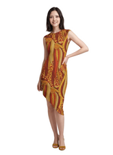 Ame dress by Blissfully Brand, a stunning asymmetrical dress with a vibrant orange and gold abstract print