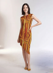 Ame dress by Blissfully Brand, a stunning asymmetrical dress with a vibrant orange and gold abstract print