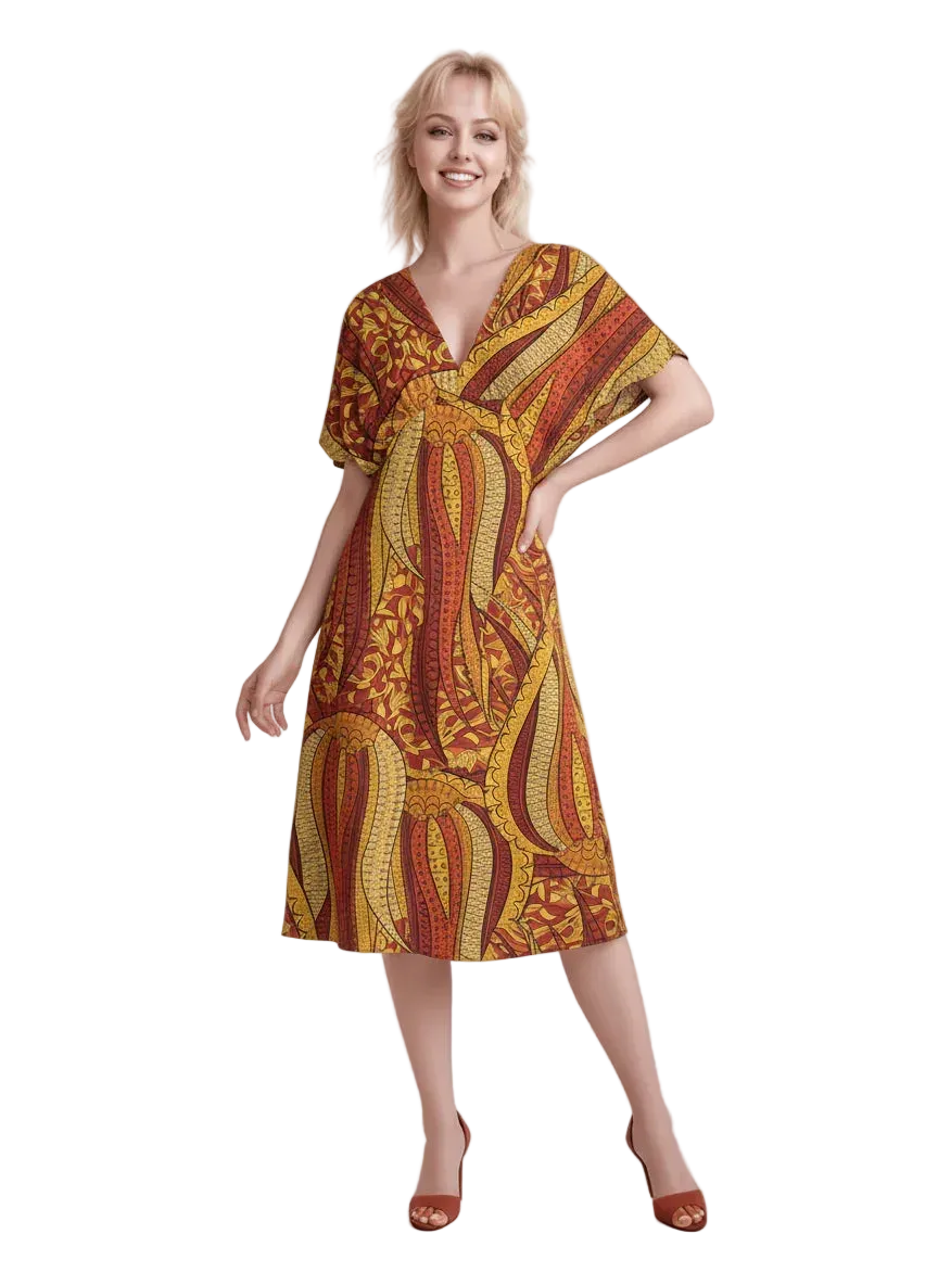 Blissfully Brand Ame Print Draped V-Neck Midi Dress — rich amber gold, crimson red and burgundy batik-inspired paisley print, butterfly sleeves, relaxed 45 inch length, Profonde Collection, made to order Montreal