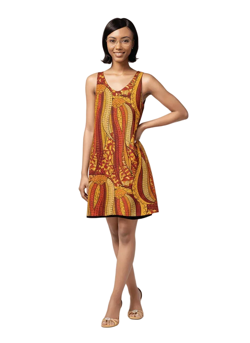 Blissfully Brand Ame V-Neck Sleeveless Reversible Dress — bold batik-inspired print in deep crimson, golden amber, burnt orange, and mustard with intricate micro-patterning, solid black reverse, 38" V-neck mini from the Profonde Collection — handmade to order in Montreal
