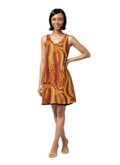 Blissfully Brand Ame V-Neck Sleeveless Reversible Dress — bold batik-inspired print in deep crimson, golden amber, burnt orange, and mustard with intricate micro-patterning, solid black reverse, 38" V-neck mini from the Profonde Collection — handmade to order in Montreal