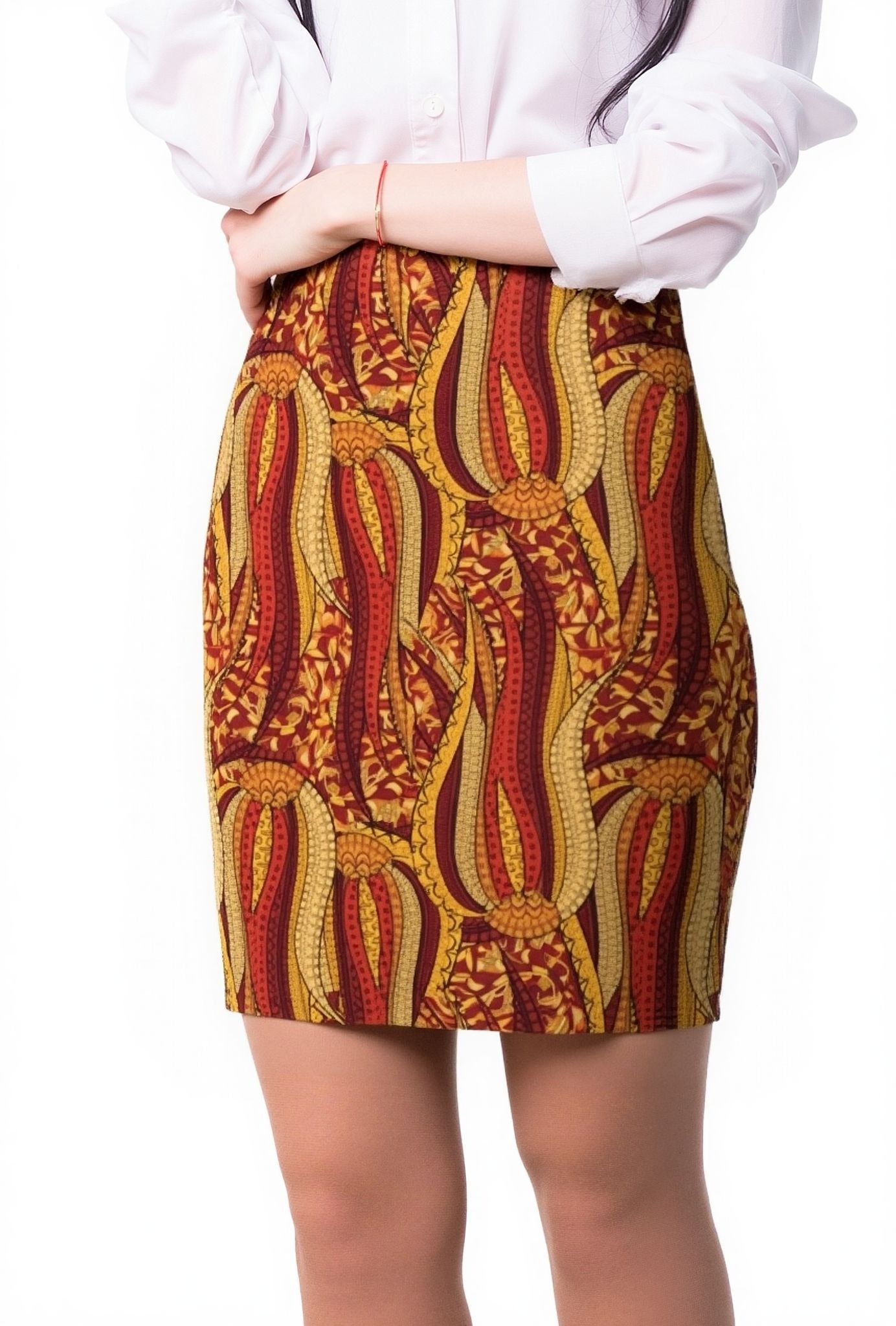 Ame Fitted High Waist Skirt Bold Vibrant Red Orange Retro Tribal Abstract Print - Pencil Mini - Blissfully Brand
