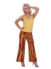 Ame print palazzo pants in red, orange, and gold hues. Retro Tribal Influenced print - Bold Vibrant Chic Wide leg trousers for women - Profonde by Blissfully Brand