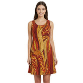 Orange Red Tribal Abstract Print Skater Fit and Flare Dress Bold Vibrant Retro - London Bliss Collection by Blissfully Brand