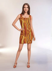 Ame dress by Blissfully Brand in bold ethnic-inspired fire print with red, yellow, and orange patterns – perfect for a chic and vibrant look.