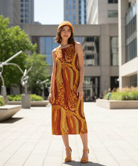 Ame sleeveless boho print maxi dress by Blissfully Brand, featuring a bold red and yellow abstract pattern. Retro Chic