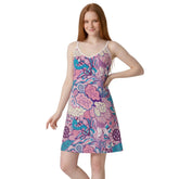 Antina psychedelic mini slip dress in Wewak Red Pink, Pacific Blue and Cosmic Violet — deep V-neckline, flared hem, available in crepe, satin and 100% real silk — Blissfully Brand London Bliss Collection