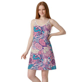 Antina psychedelic mini slip dress in Wewak Red Pink, Pacific Blue and Cosmic Violet — deep V-neckline, flared hem, available in crepe, satin and 100% real silk — Blissfully Brand London Bliss Collection