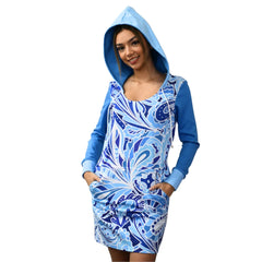 Aqui Hoodie Dress - Abstract Swirl Floral - Psychedelic Blue - Blissfully Brand