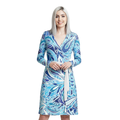 Aqui Jersey Wrap Dress - Abstract Blue Floral Kaleidoscope Print Silky V-neck Deep Handmade Retro Bold Vibrant Swirls Swirly Plus Size - Blissfully Brand