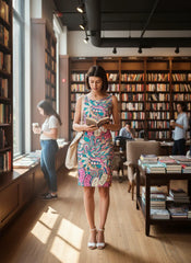 Arane knee length dress by Blissfully Brand featuring bold, colorful floral paisley patterns for a vibrant, statement-making style. Retro Chic & Vintage vibe