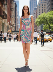 Eye-catching Arane mini dress by Blissfully Brand featuring a vibrant, swirling paisley retro chic print. Perfect for making a statement
