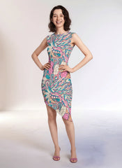 Arane asymmetrical statement dress in vibrant pink, blue, and green abstract floral pattern by Blissfully Brand, perfect for bold and confident Retro Chic fashionistas