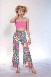 Colorful & Bold Arane print palazzo pants with Retro Influenced Paisley Floral in Swirly Prints - Pink Teal Orange - Psychedelic Vibrant Statement Trousers - Profonde by Blissfully Brand