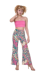 Colorful & Bold Arane print palazzo pants with Retro Influenced Paisley Floral in Swirly Prints - Pink Teal Orange - Psychedelic Vibrant Statement Trousers - Profonde by Blissfully Brand