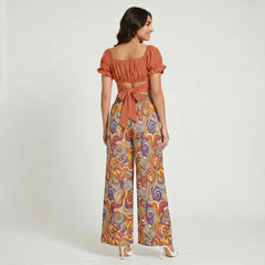 Binka Orange Puff Sleeve Crop Top with Tie Back