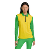 Color Block Canary Yellow and Dark Pastel Green color-blocked quarter zip long sleeve active top from Core Essentials Series, featuring structured collar and breathable fabric - Blissfully Brand