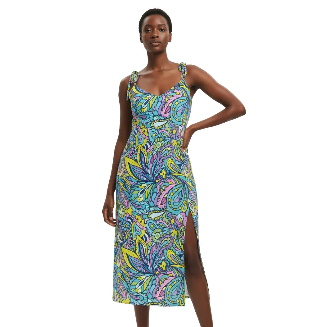 bright print midi dress Lemon Print Aqua Puff Sleeve Midi Dress - All Dresses