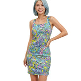 Blissfully Brand Circa Print Bodycon Mini Dress — vibrant aqua teal, lime, pink, and lavender psychedelic botanical print, square neckline, tapered straps, high waist, bodycon mini, made to order