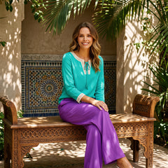 Aqua Split-Neck Long Sleeve Blouse with Lace Detail - Core Essentials