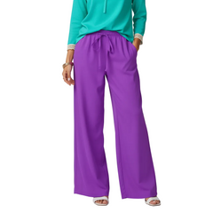 Blissfully Brand Violet Flowy Wide-Leg Pants — rich violet wide-leg drawstring trousers in lightweight polyester, paired with cyan tie-neck top, Core Essentials Series, made to order