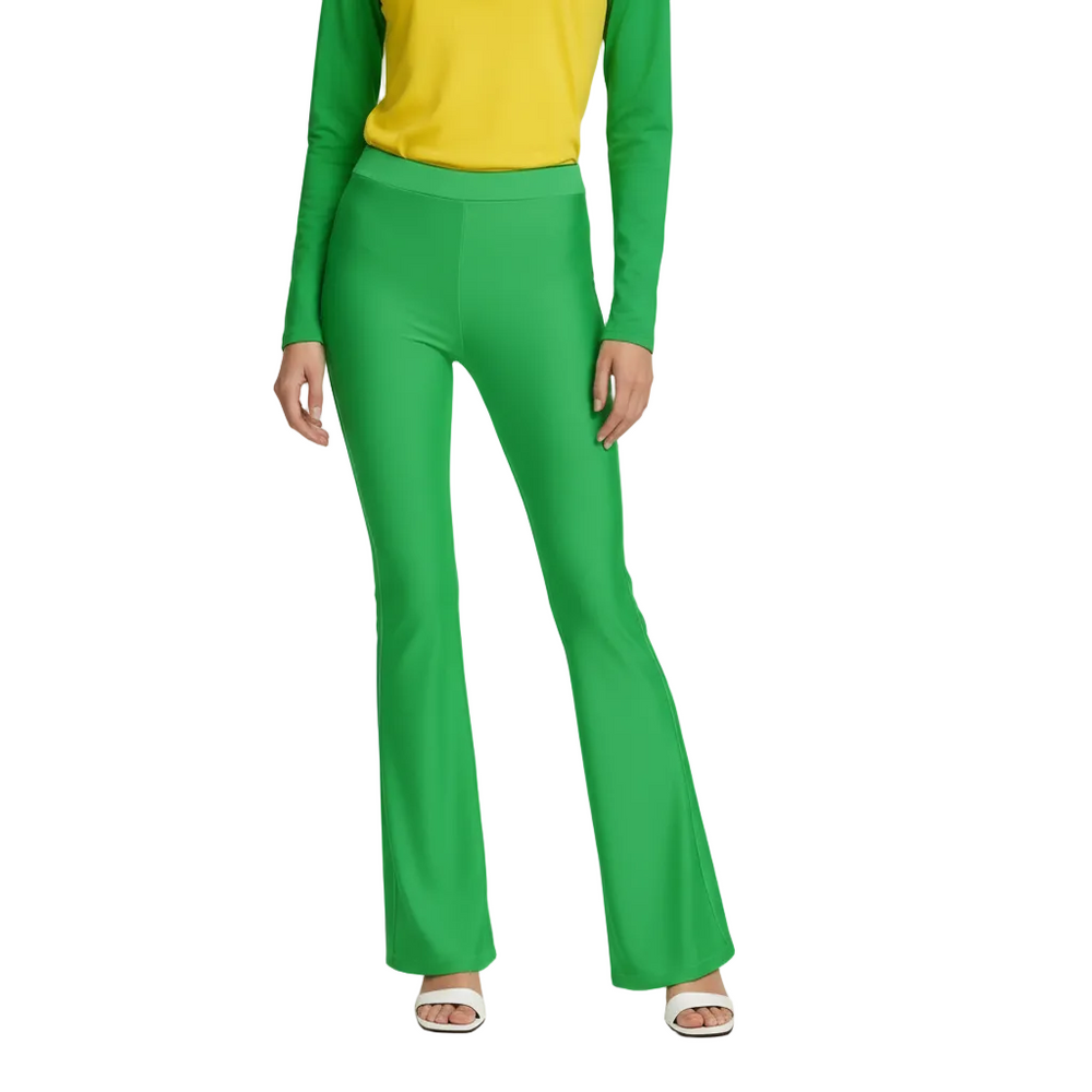 Lime Flared Leggings in dark pastel green from the Core Essentials Series, high-rise elastic waistband, slim fit, flared hem. Vibrant Bold by Blissfully Brand