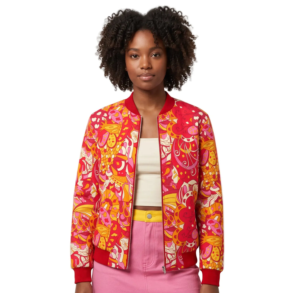 Decora Bold Retro Print Flexe Denim Bomber Jacket — red, pink and gold abstract print with Torch Red ribbed collar and cuffs, styled with matching Flexe Denim midi skirt