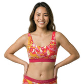 Blissfully Brand Decora Print Scoop Bralette in vibrant Torch Red, Sunglow Orange, Tickle Me Pink and Papaya Whip psychedelic swirl print — deep scoop back pullover bralette with crimson elastic underband, handmade in Montreal Canada,