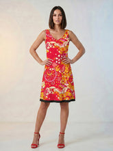 Blissfully Brand Decora Print Reversible Sleeveless A-Line Dress in fiery red, orange, and pink psychedelic ITY knit — handmade to order in Montreal, Canada — Profonde Collection