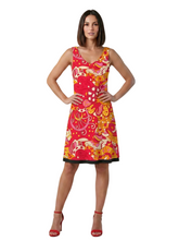 Blissfully Brand Decora Print Reversible Sleeveless A-Line Dress in fiery red, orange, and pink psychedelic ITY knit — handmade to order in Montreal, Canada — Profonde Collection