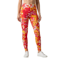 Decora print performance knit compression leggings in bold Torch Red, Orange, Pink and Papaya Whip psychedelic floral pattern — women's eco-friendly made-to-order activewear leggings by Blissfully Brand, Montreal Canada