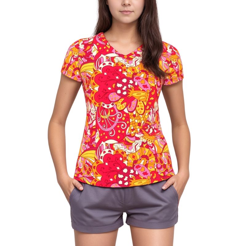 Decora V-neck Tee - Red Orange Pink Kaleidoscope Paisley Print Psychedelic Retro Abstract Swirls Funky Vibrant Bold Multicolor Cotton Spandex Handmade Women's - Blissfully Brand