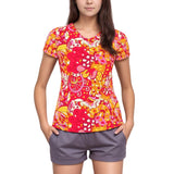 Decora V-neck Tee - Red Orange Pink Kaleidoscope Paisley Print Psychedelic Retro Abstract Swirls Funky Vibrant Bold Multicolor Cotton Spandex Handmade Women's - Blissfully Brand