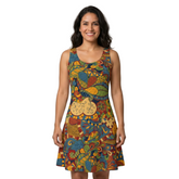 Ebisa Print Skater Dress in bold psychedelic Tangaroa Blue, Tree Poppy Orange and Wasabi Green — made to order London Bliss Collection flared skater dress for women