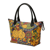 Ebisa print leather tote bag golden folk art design full-grain Nappa leather black trim – handmade London shoulder bag three interior pockets Italian hardware - Blissfully Brand