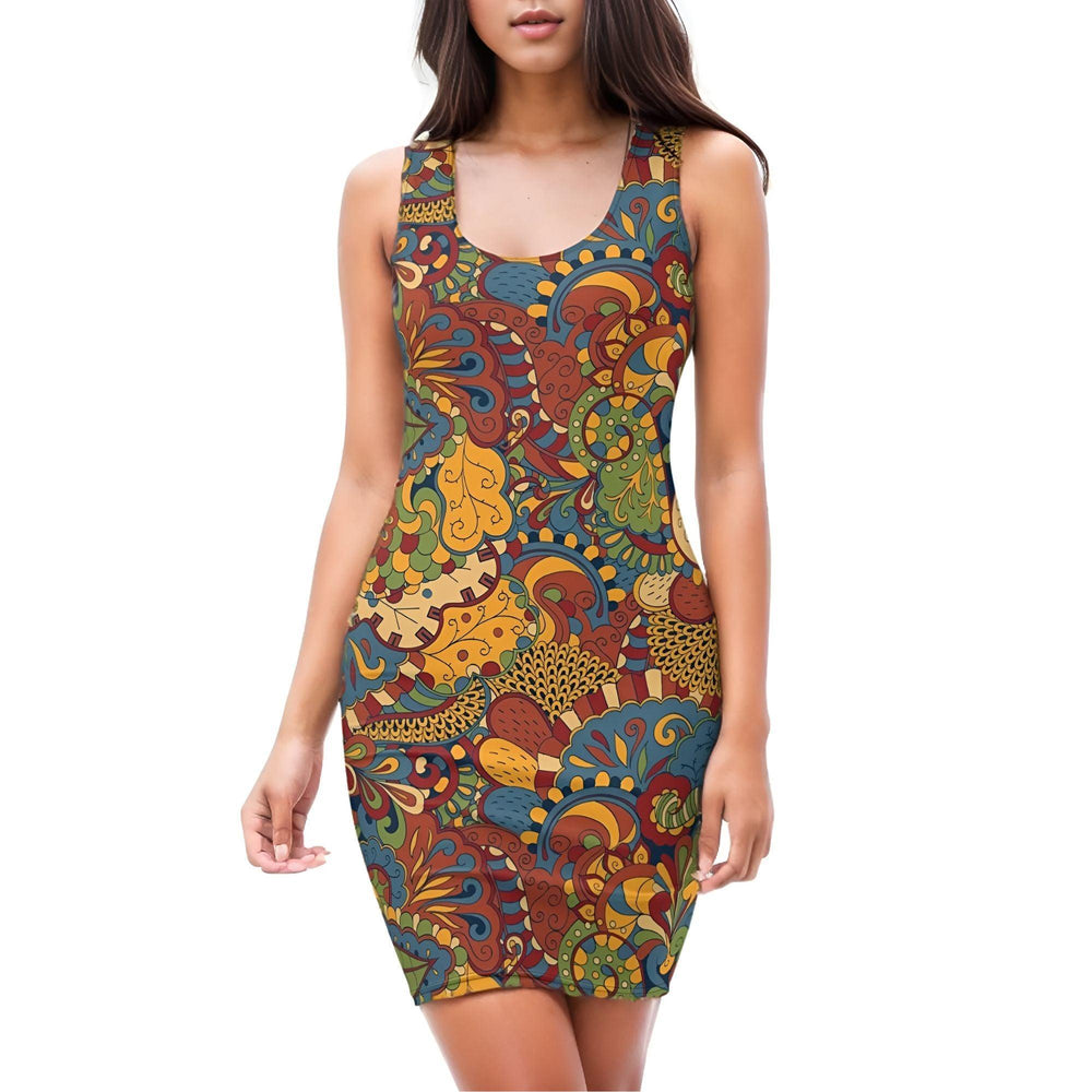 Ebisa Mini Bodycon Dress - Psychedelic Paisley Floral Swirls Scales Zentangle Funky Retro