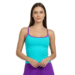 cyan Core Essentials spaghetti strap tank top with electric violet trim, slim fit and silky texture - Blissfully Brand