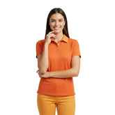 Two‑toned Giant Orange women's polo top with tangerine welt collar and three‑button placket from the Core Series Essentials. - Blissfully Brand