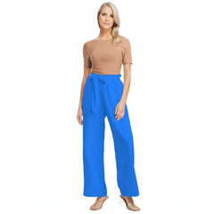 Ima Deep Blue High-Rise Wide Leg Belted Pants - Chiffon - Palazzo - Coordinate Solid Elastic Waist