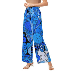 Ima Blue Kaleidoscope Paisley High-Rise Wide Leg Belted Pants Zen Doodle Tangle Psychedelic Mandala Mehndi Wild Retro Funky Bold Vibrant Print Palazzo