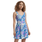 Vibrant abstract floral geometric print skater dress in blue and purple hues, fit-and-flare design, perfect for parties and casual outings