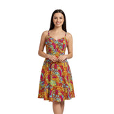 colorful Inela A-line sweetheart summer dress with vibrant floral pattern, thin straps, and flared midi skirt - Retro Psycedelic Floral Flower Power - Blissfully Brand