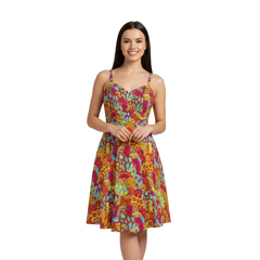 colorful Inela A-line sweetheart summer dress with vibrant floral pattern, thin straps, and flared midi skirt - Retro Psycedelic Floral Flower Power - Blissfully Brand