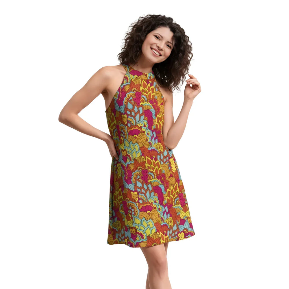 Inela Halter Flare Cocktail Dress - Flower Power Floral Vibrant Print Psychedelic Retro Red Pink Yellow Bold Paisley Multicolor Chiffon